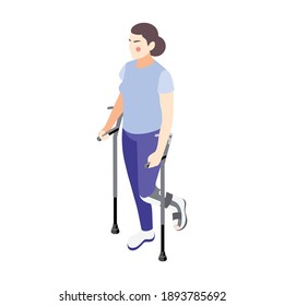Isometric woman character with crutches icon on white background 3d vector illustration