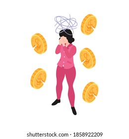 Isometric woman character with panic attack and cracked coins 3d vector illustration