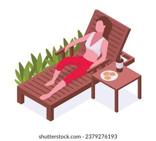 Isometric woman chilling on sunbed. Summerhouse garden furniture and chilling female character, girl spending time on backyard 3d vector illustration