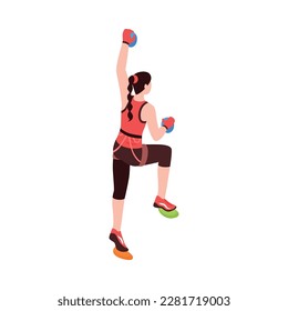 Isometric woman climbing on wall holding on colorful grips back view vector illustration