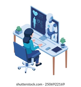 Isometric Woman Consult with an Advanced Healthcare AI Robot Online. AI Healthcare Diagnostics Concept