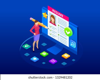 Isometric woman and cv resume documents. Recruiting advertisement, Job opportunity. Searching professional staff, work, analyzing resume, documents papers
