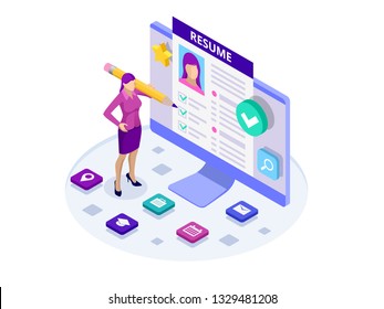 Isometric woman and cv resume documents. Recruiting advertisement, Job opportunity. Searching professional staff, work, analyzing resume, documents papers