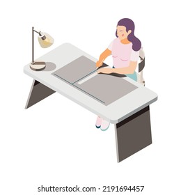 Isometric woman designer architect or engineer working in office 3d vector illustration