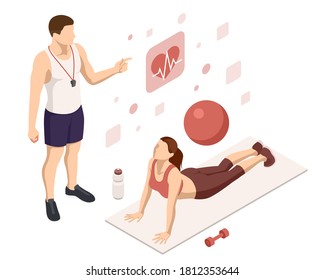Isometric Woman doing fitness and yoga exercises. Online fitness and training concept.