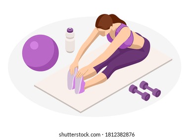 Isometric Woman doing fitness and yoga exercises. Online fitness and training concept.