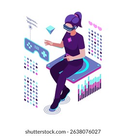 Isometric Woman Engaged in Metaverse Gaming with Futuristic Interfaces. Metaverse Gaming Concept