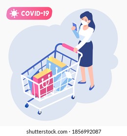 Isometric Woman in face mask shopping at supermarket during COVID-19 epidemic. Coronavirus panic buying. Buyer with shopping cart. Concept of virus prevention, wearing mask, buy foods.