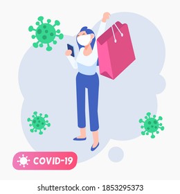 Isometric Woman in face masks  shopping during COVID-19 epidemic. Coronavirus panic buying, shopping. Buyer with shopping bag. Virus prevention, wearing mask, buy foods and supplies. Cartoon vector