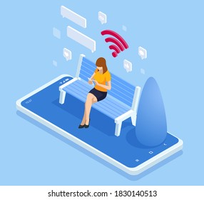 Isometric woman in free internet zone using mobile gadgets, tablet pc and smartphone. WIFI zone. A woman sits on a bench in the park and communicates in social networks.