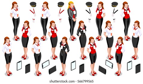 Isometric woman girl female person airline air line hostess hotel receptionist waitress isolated infographic element. 3D Isometric person icon set. Creative design vector illustration collection