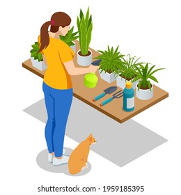 Isometric woman grows flowers in home garden. Planting flowers. Nature concept. Earth day concept. Dive flower sprouts into individual pots.