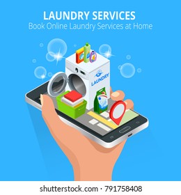 Isometric Woman hand using smartphone booking Online Laundry Service. Book Online Laundry Services at Home concept, App on the screen. Vector illustration