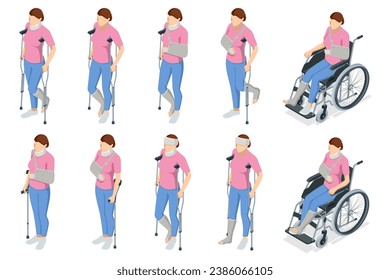 Isometric woman with injury, medical treatment and fixation of broken bones, with bandage and plaster. The womale character on a wheelchair. Rehabilitation, Healthcare, Medicine Health insurance cover