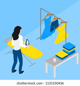 Isometric woman ironing clothes on board. Maid in uniform in interior. Housekeeping and household. Cleaning and laundry company staff occupation. Housemaid chores vector illustration