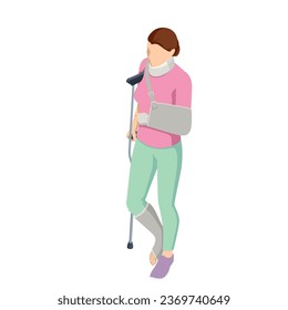 Isometric A woman with a leg injury in a cast on crutches, an arm injury in a cast and a neck injury. Social security and health insurance concept. Person with a gypsum and a fixing collar.