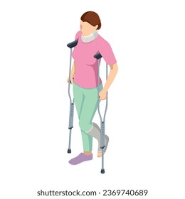 Isometric Woman with a leg injury in a cast on crutches and a neck injury. Social security and health insurance concept. Person with a gypsum and a fixing collar.