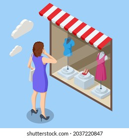 Isometric woman looks at the clothes shop window. Consumer shopping in apparel boutique. Retail and fashion outlet. Consumerism and boutique mall