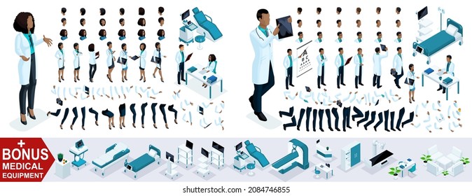 Isometric Woman and Man Doctor African American, create your 3D surgeon, sets of gestures of the feet, hands and emotions. Bonus medical equipment, set 5.