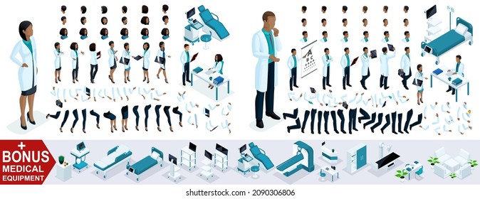 Isometric Woman and Man Doctor African American, create your 3D surgeon, sets of gestures of the feet, hands and emotions. Bonus medical equipment, set 2.