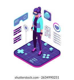 Isometric Woman Metaverse Avatar with Neon Outfit and VR Headset. Metaverse Avatar Concept