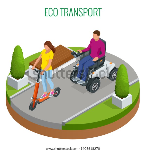 Isometric woman on an electric scooter and\
man on an electric wheelchair. New large motorized electric\
wheelchair. Urban transportation. Modern\
technologies.