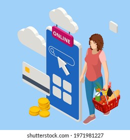 Isometric woman order online in internet supermarket. Grocery online shopping application on smartphone screen with food at home. Shopping bag with fresh grocery purchases. Food retail, online store.