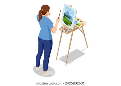 Isometric woman painting mountain landscape using easel. Painting, drawing and artwork concept. Art, creativity, hobby, job and creative occupation