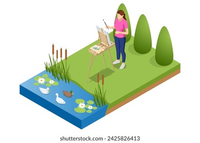 Isometric woman painting mountain landscape using easel. Painting, drawing and artwork concept. Art, creativity, hobby, job and creative occupation