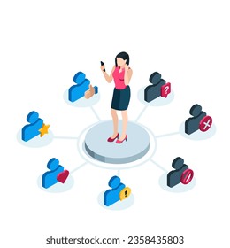 isometric woman with phone next to user icons from contact list in color on white background, sorting phone contacts into different categories