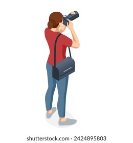 Isometric Woman Photographer with dslr Camera. Digital photo camera. Home hobby, lifestyle, travel, people concept. Professional Photographer