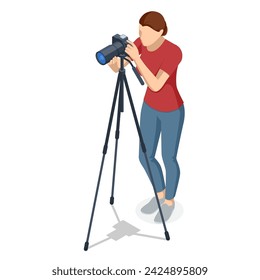 Isometric Woman Photographer with dslr Cameraon a tripod. Digital photo camera. Home hobby, lifestyle, travel, people concept. Professional Photographer