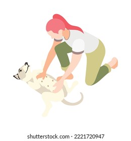 Isometric woman playing with her cute dog 3d vector illustration