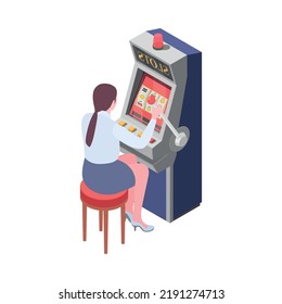 Isometric woman playing on slot machine in casino 3d vector illustration
