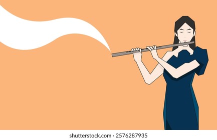 Isometric Woman plays the flute. Flute woodwind orchestral instrument. Flat Background.