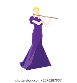 Isometric Woman plays the flute. Flute woodwind orchestral instrument. Flat Background.