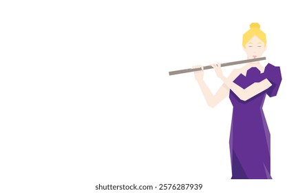 Isometric Woman plays the flute. Flute woodwind orchestral instrument. Flat Background.