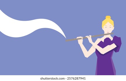 Isometric Woman plays the flute. Flute woodwind orchestral instrument. Flat Background.