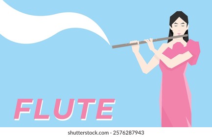 Isometric Woman plays the flute. Flute woodwind orchestral instrument. Flat Background.