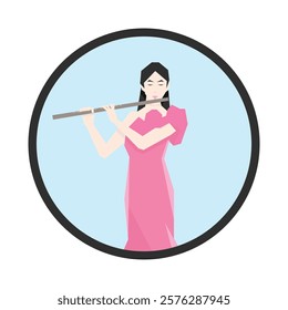 Isometric Woman plays the flute. Flute woodwind orchestral instrument. Flat Background.