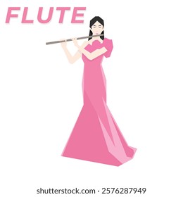 Isometric Woman plays the flute. Flute woodwind orchestral instrument. Flat Background.