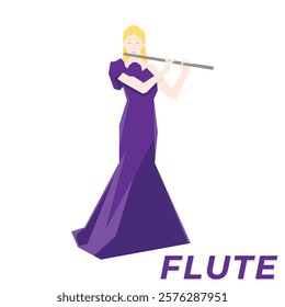 Isometric Woman plays the flute. Flute woodwind orchestral instrument. Flat Background.