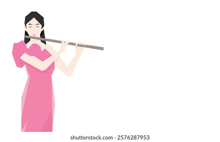 Isometric Woman plays the flute. Flute woodwind orchestral instrument. Flat Background.