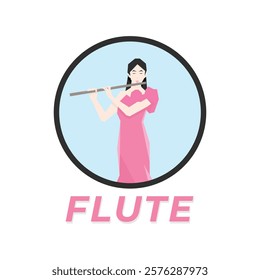 Isometric Woman plays the flute. Flute woodwind orchestral instrument. Flat Background.