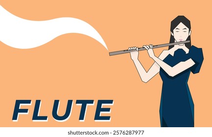 Isometric Woman plays the flute. Flute woodwind orchestral instrument. Flat Background.