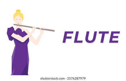 Isometric Woman plays the flute. Flute woodwind orchestral instrument. Flat Background.