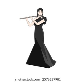 Isometric Woman plays the flute. Flute woodwind orchestral instrument. Flat Background.