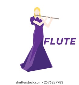 Isometric Woman plays the flute. Flute woodwind orchestral instrument. Flat Background.