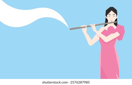 Isometric Woman plays the flute. Flute woodwind orchestral instrument. Flat Background.