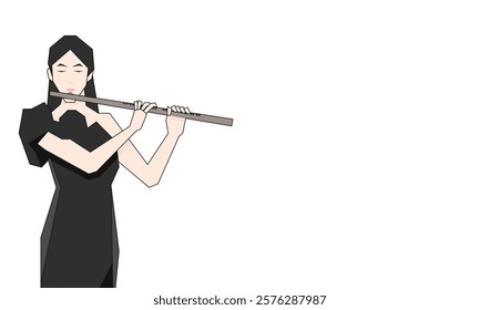 Isometric Woman plays the flute. Flute woodwind orchestral instrument. Flat Background.